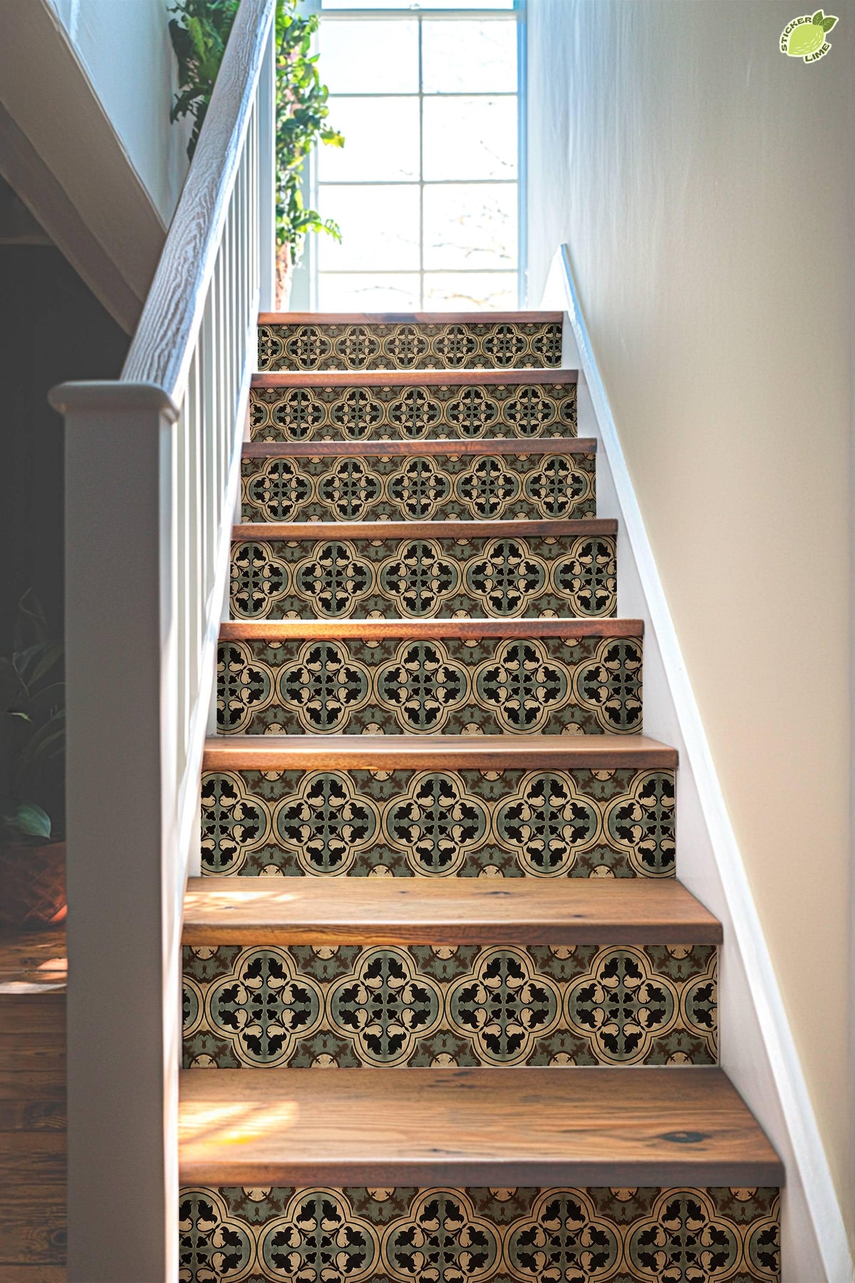 Beige & Green Moroccan Tile peel and stick stair riser decals, photo 4 of 8