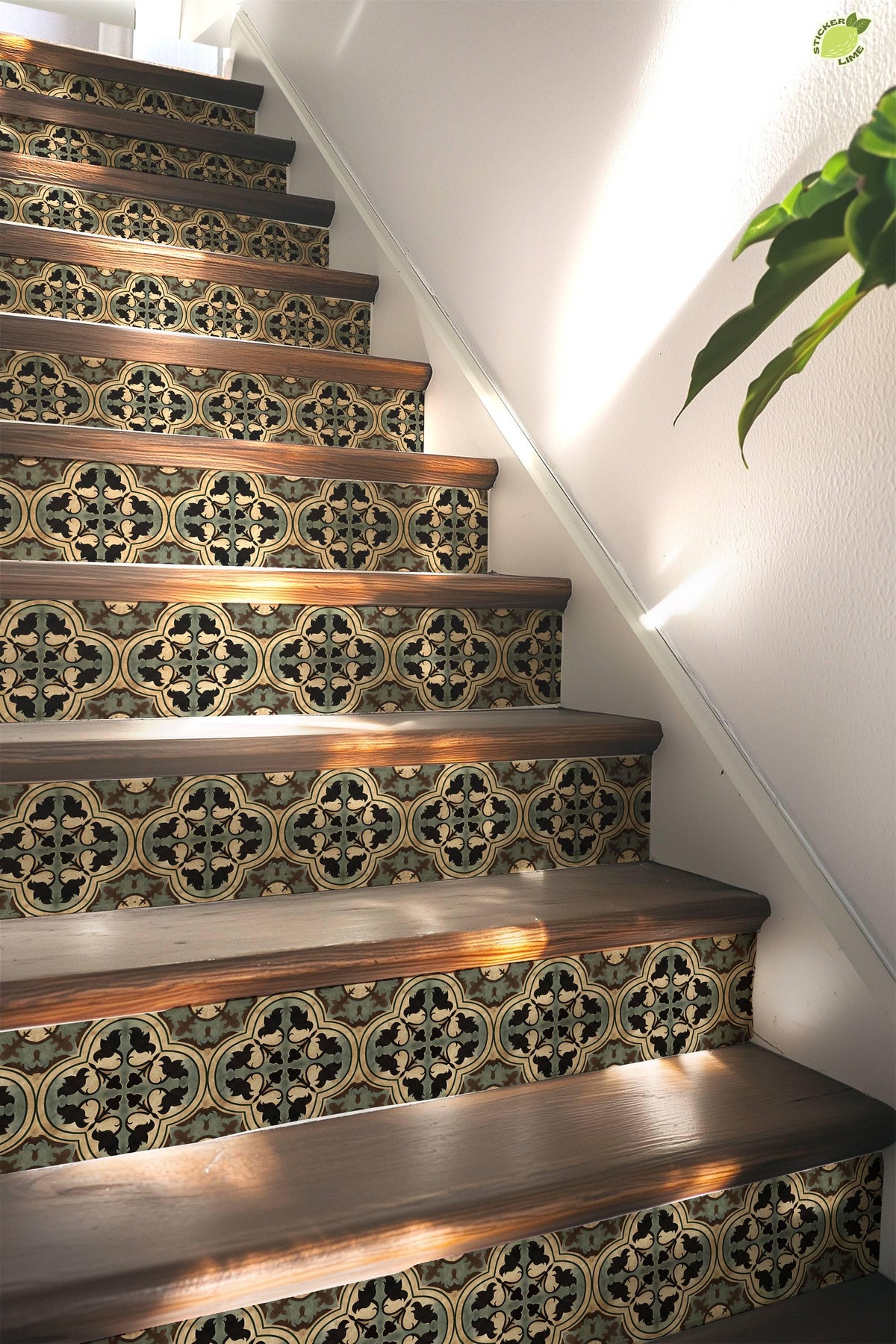 Beige & Green Moroccan Tile peel and stick stair riser decals, photo 5 of 8