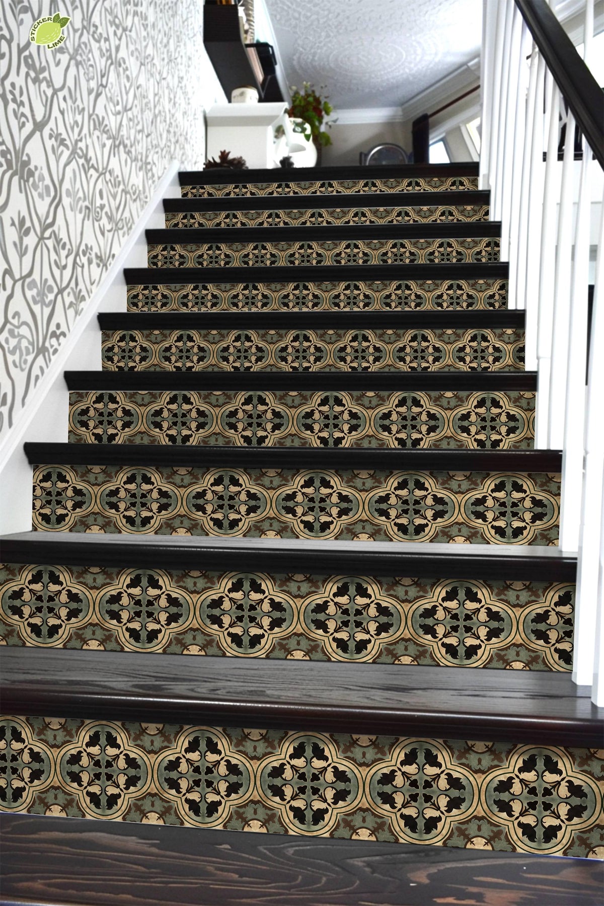 Beige & Green Moroccan Tile peel and stick stair riser decals, photo 6 of 8