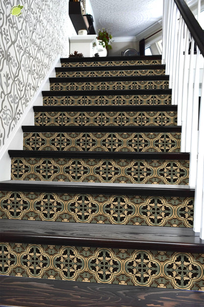 Beige & Green Moroccan Tile peel and stick stair riser decals, photo 6 of 8