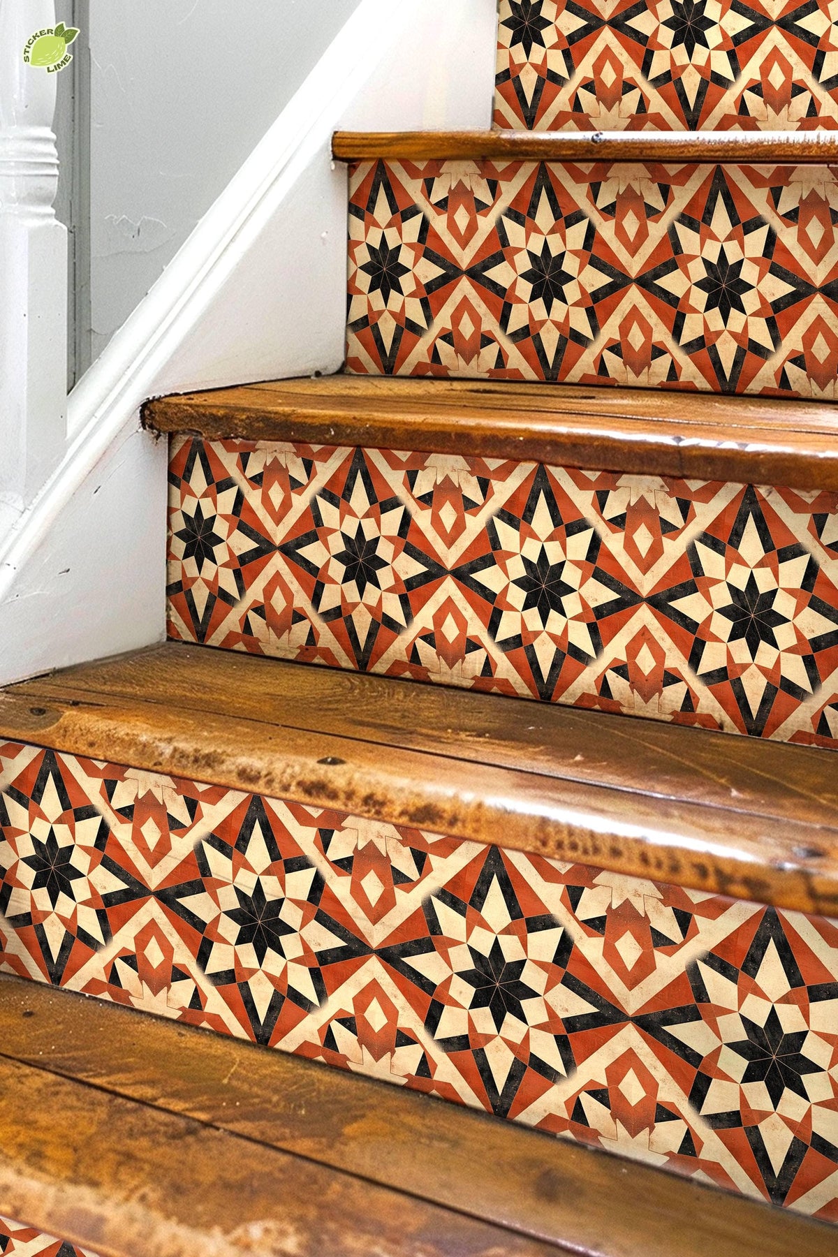 Beige & Orange Rustic Moroccan Tile peel and stick stair riser decals