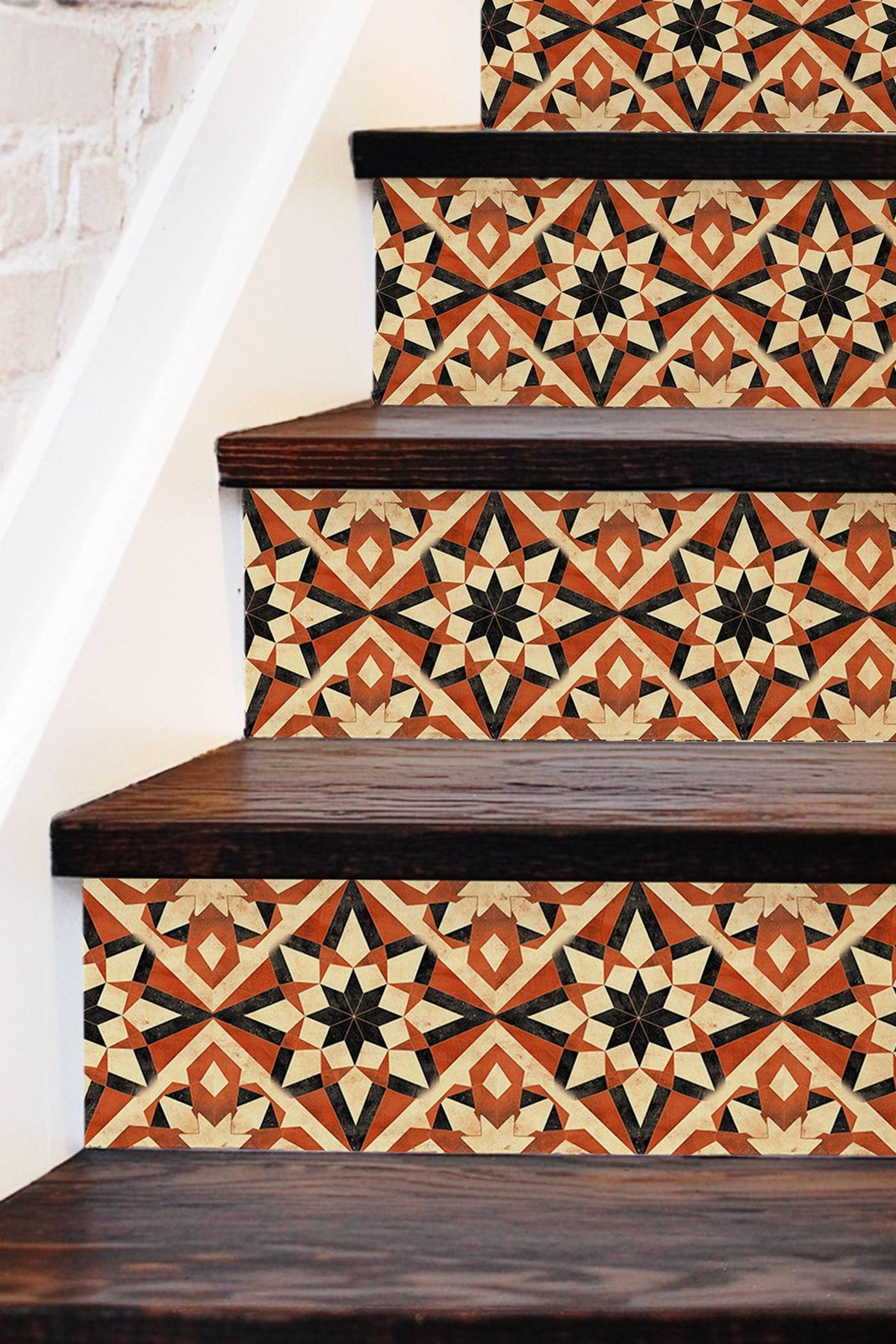 Beige & Orange Rustic Moroccan Tile peel and stick stair riser decals, photo 3 of 8