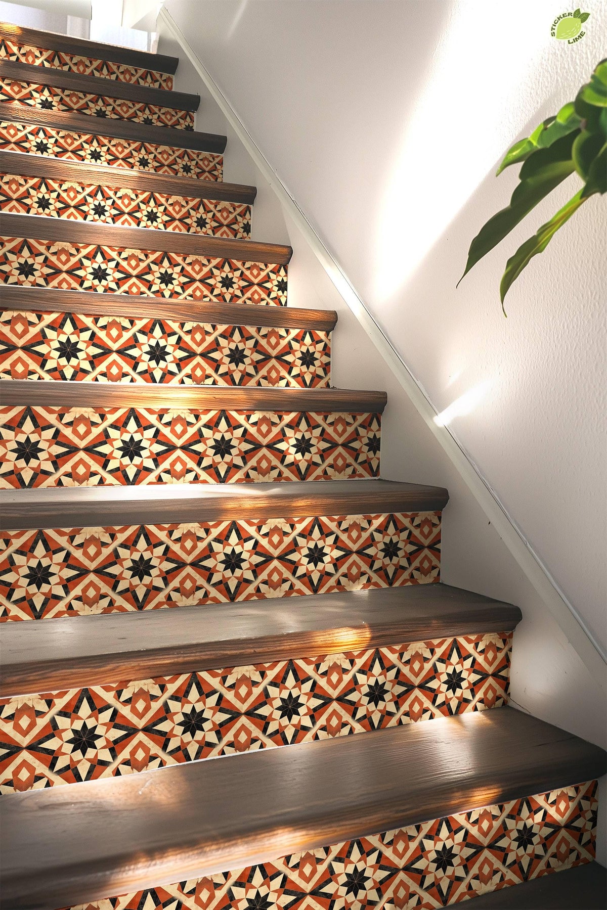 Beige & Orange Rustic Moroccan Tile peel and stick stair riser decals, photo 5 of 8