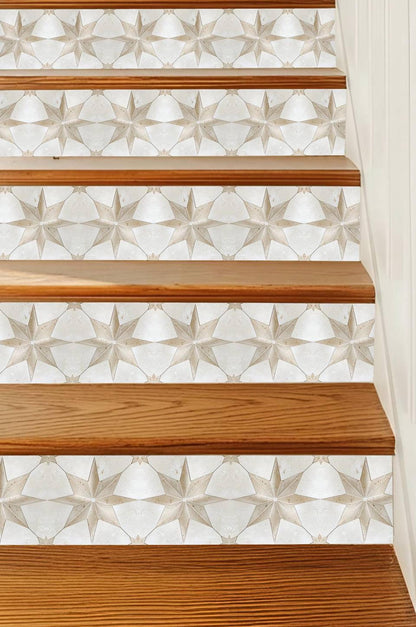 Beige & White Boho Star Tile peel and stick stair riser decals