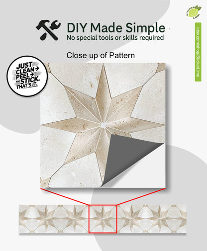 Beige & White Boho Star Tile peel and stick stair riser decals, photo 2 of 8