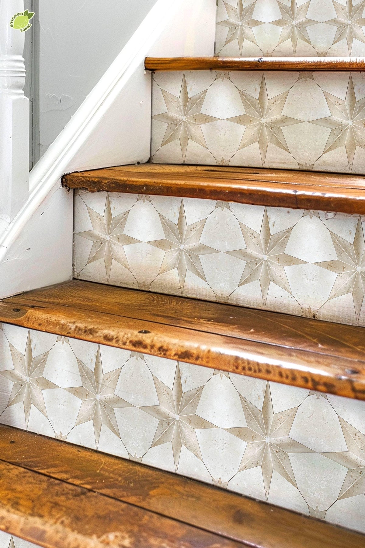 Beige & White Boho Star Tile peel and stick stair riser decals, photo 3 of 8