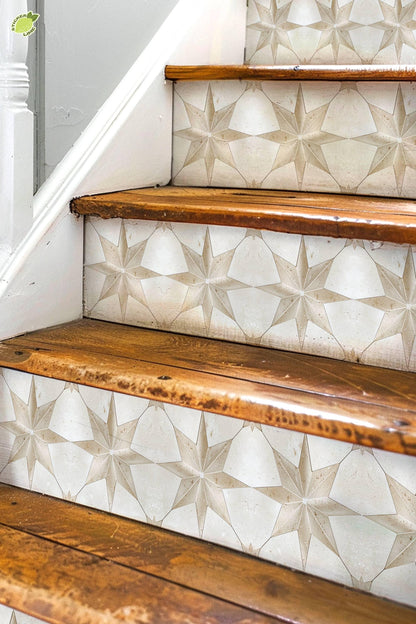 Beige & White Boho Star Tile peel and stick stair riser decals, photo 3 of 8