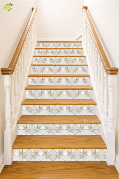 Beige & White Boho Star Tile peel and stick stair riser decals, photo 5 of 8