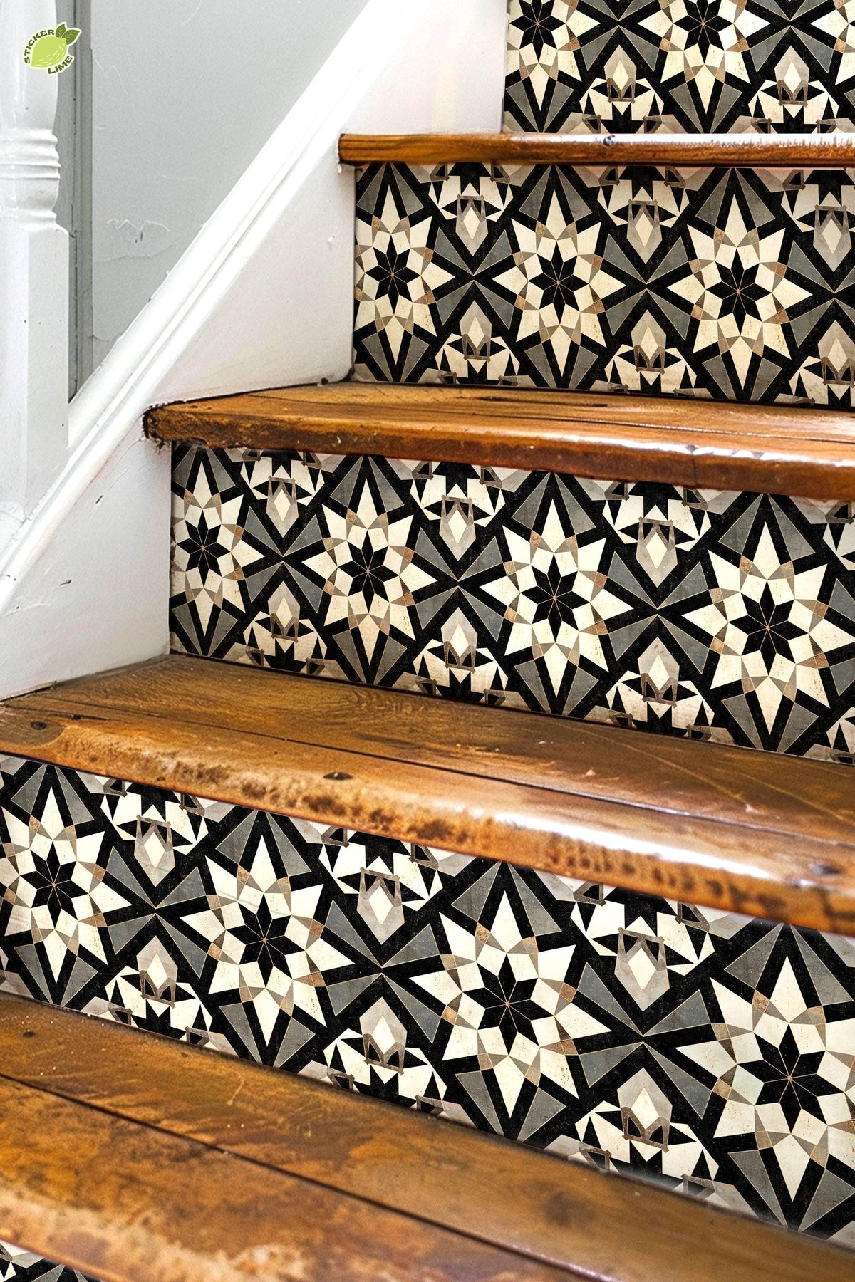 Black & Beige Rustic Moroccan Tile peel and stick stair riser decals