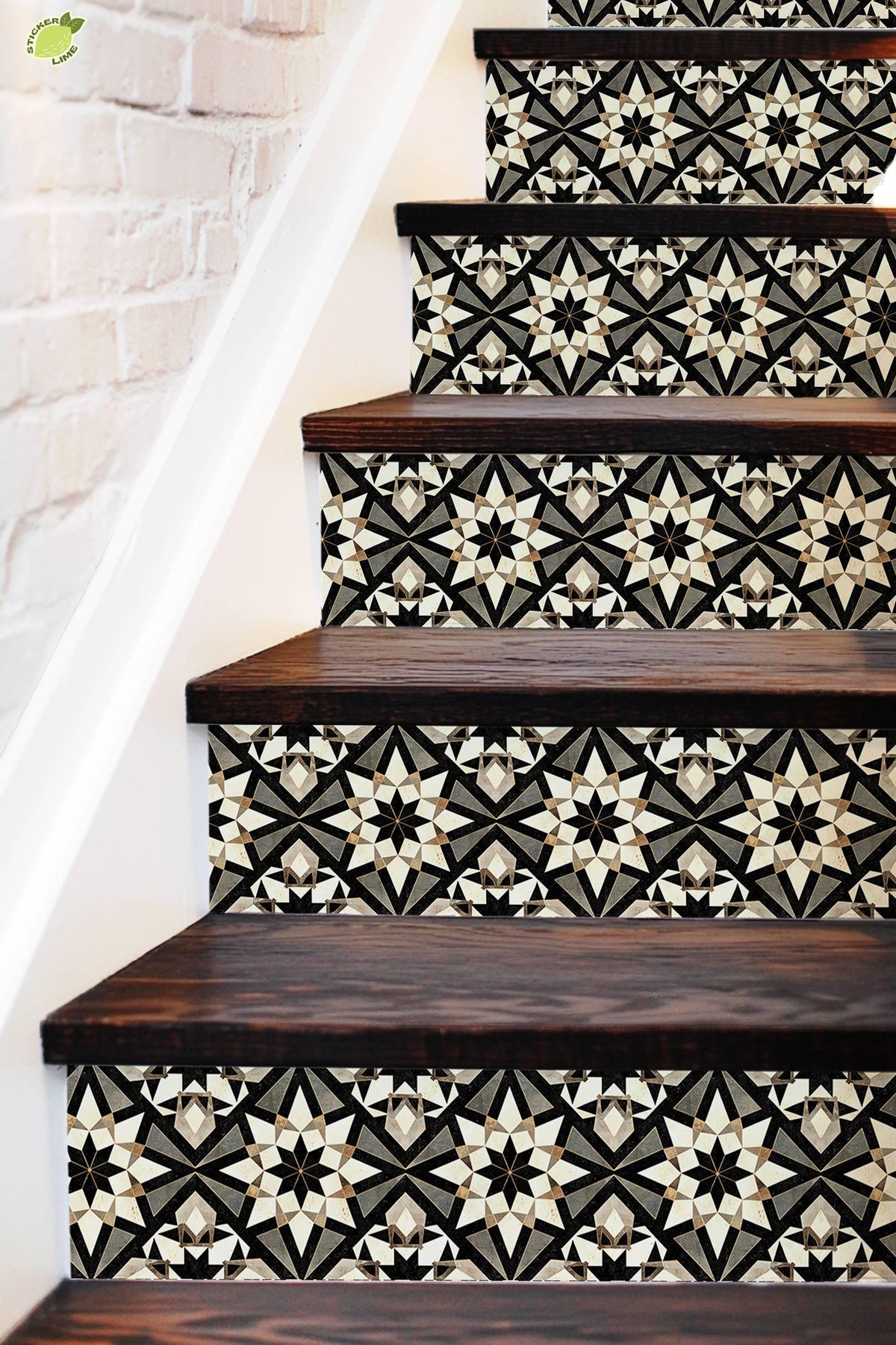 Black & Beige Rustic Moroccan Tile peel and stick stair riser decals, photo 3 of 8
