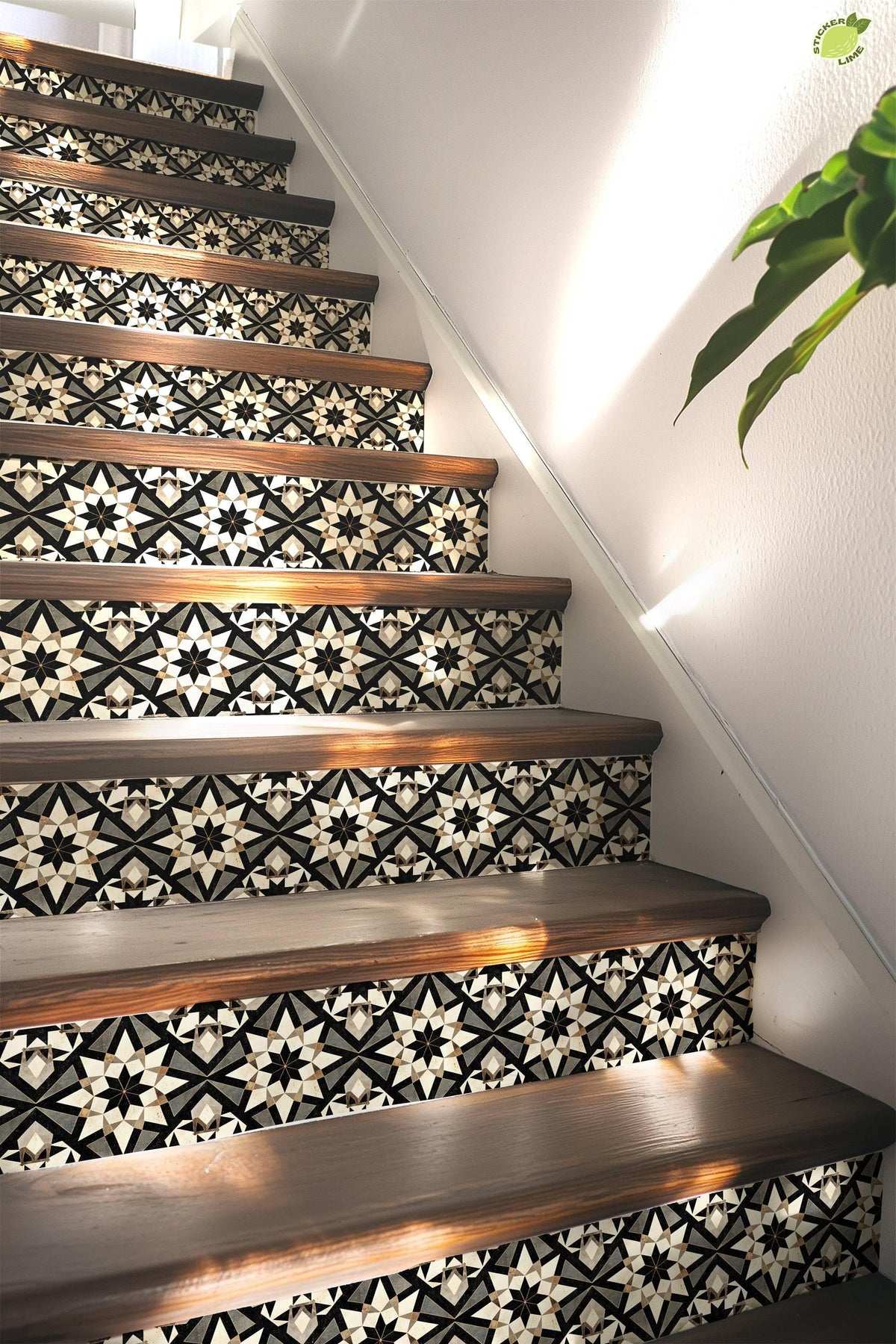 Black & Beige Rustic Moroccan Tile peel and stick stair riser decals, photo 5 of 8