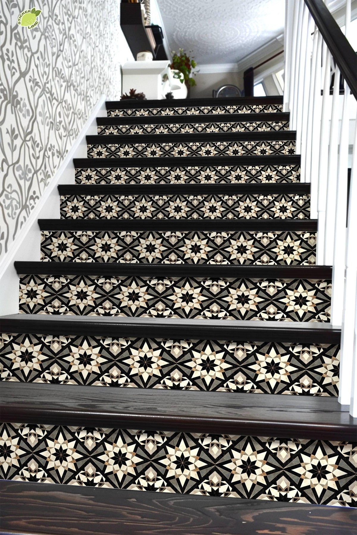 Black & Beige Rustic Moroccan Tile peel and stick stair riser decals, photo 6 of 8