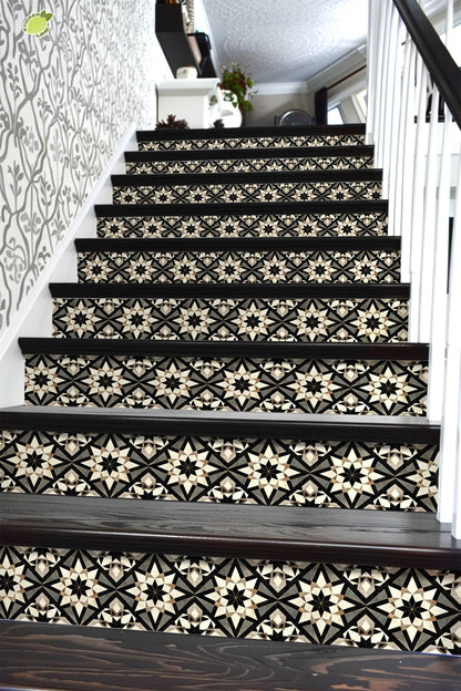 Black & Beige Rustic Moroccan Tile peel and stick stair riser decals, photo 6 of 8
