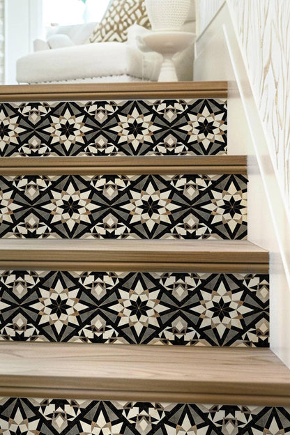 Black & Beige Rustic Moroccan Tile peel and stick stair riser decals, photo 7 of 8