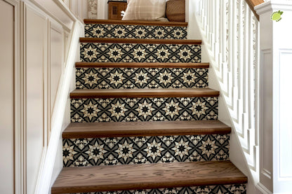 Black & Beige Rustic Moroccan Tile peel and stick stair riser decals, photo 8 of 8