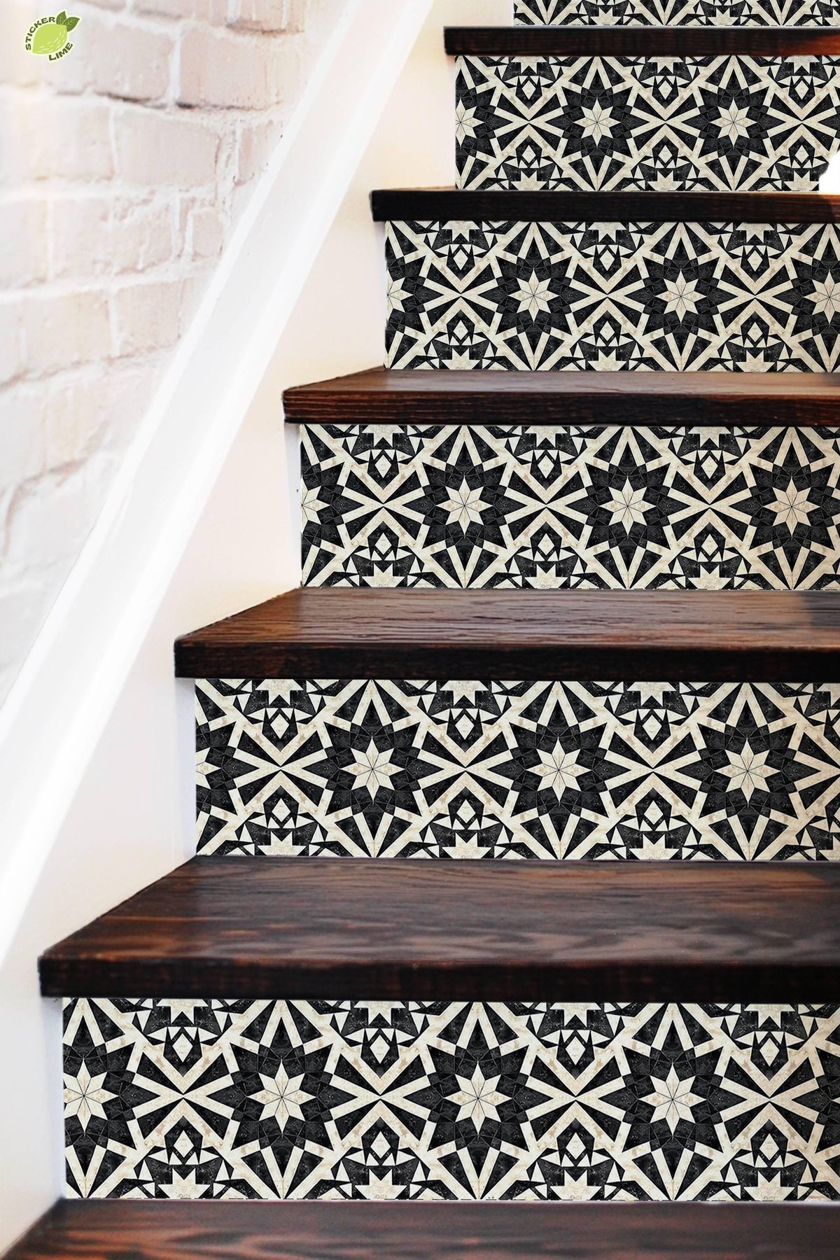 Black & White Rustic Moroccan Tile peel and stick stair riser decals, photo 3 of 8