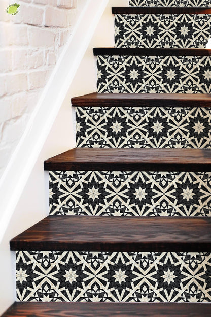 Black & White Rustic Moroccan Tile peel and stick stair riser decals, photo 3 of 8