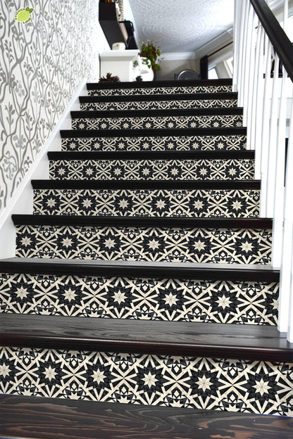 Black & White Rustic Moroccan Tile peel and stick stair riser decals, photo 6 of 8