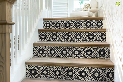 Black & White Rustic Moroccan Tile peel and stick stair riser decals, photo 7 of 8