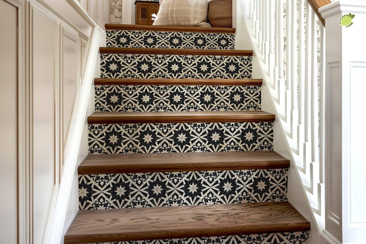 Black & White Rustic Moroccan Tile peel and stick stair riser decals, photo 8 of 8