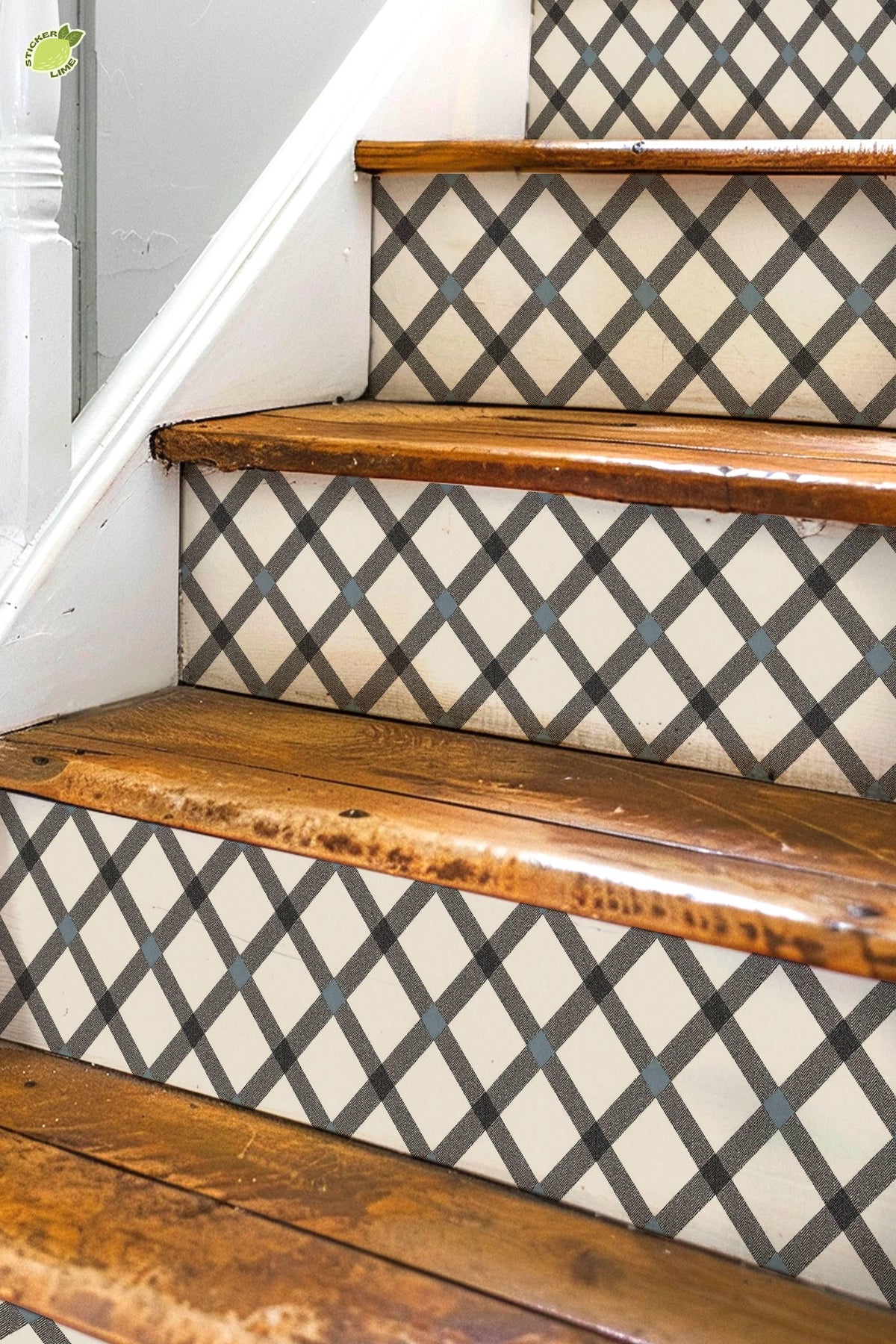Black Ivory Herringbone Weave peel and stick stair riser decals, photo 3 of 8