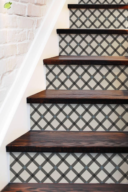 Black Ivory Herringbone Weave peel and stick stair riser decals, photo 5 of 8