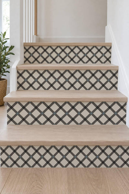 Black Ivory Herringbone Weave peel and stick stair riser decals, photo 7 of 8