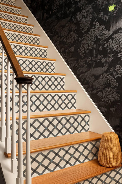 Black Ivory Herringbone Weave peel and stick stair riser decals, photo 8 of 8