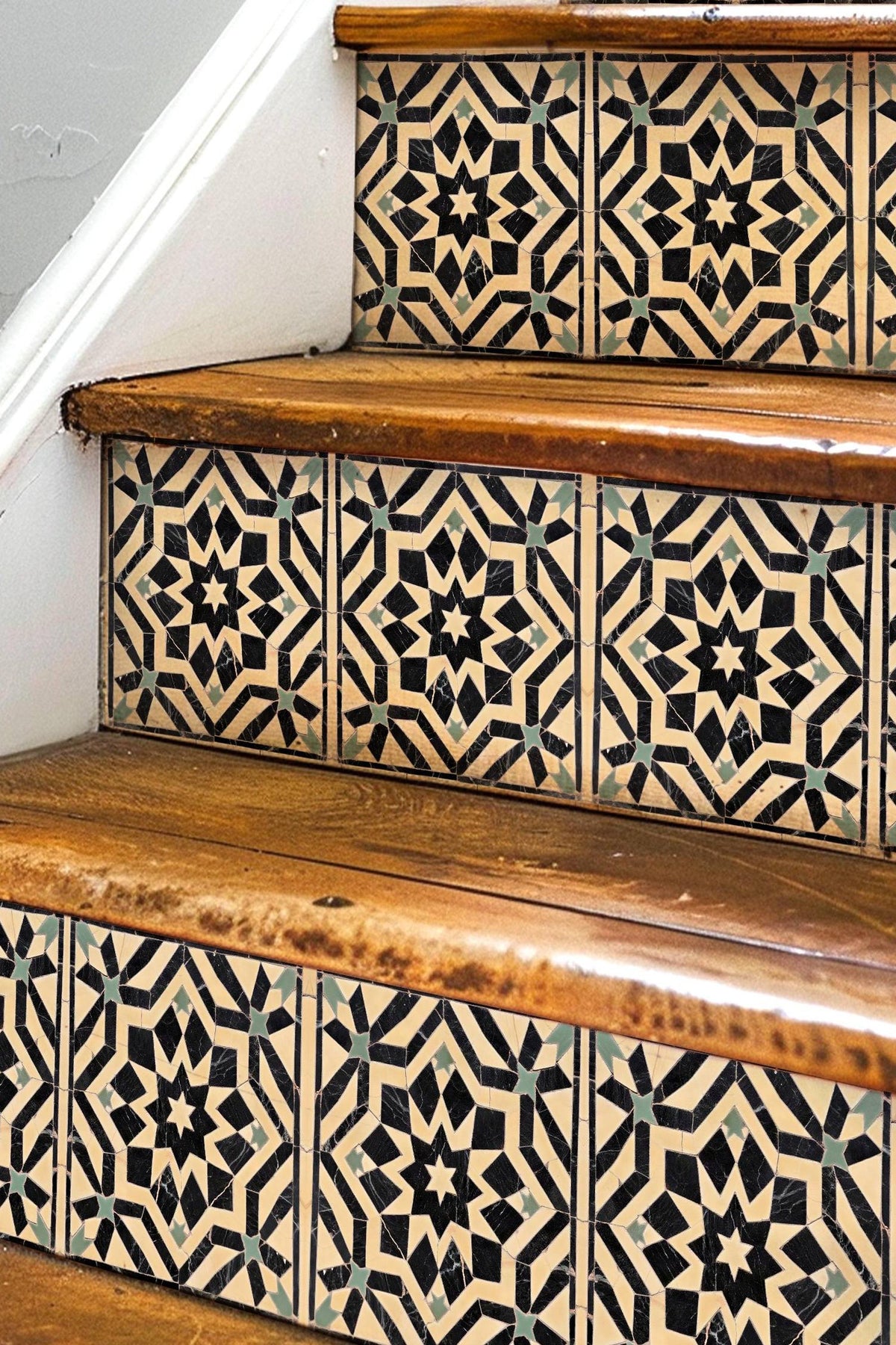 Black Moroccan Star peel and stick stair riser decals