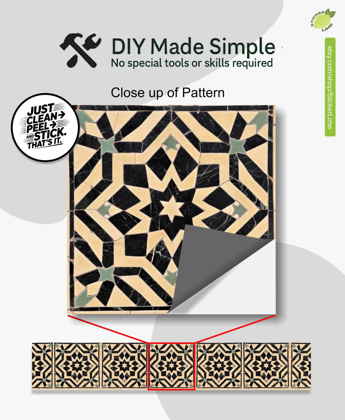 Black Moroccan Star peel and stick stair riser decals, photo 2 of 8