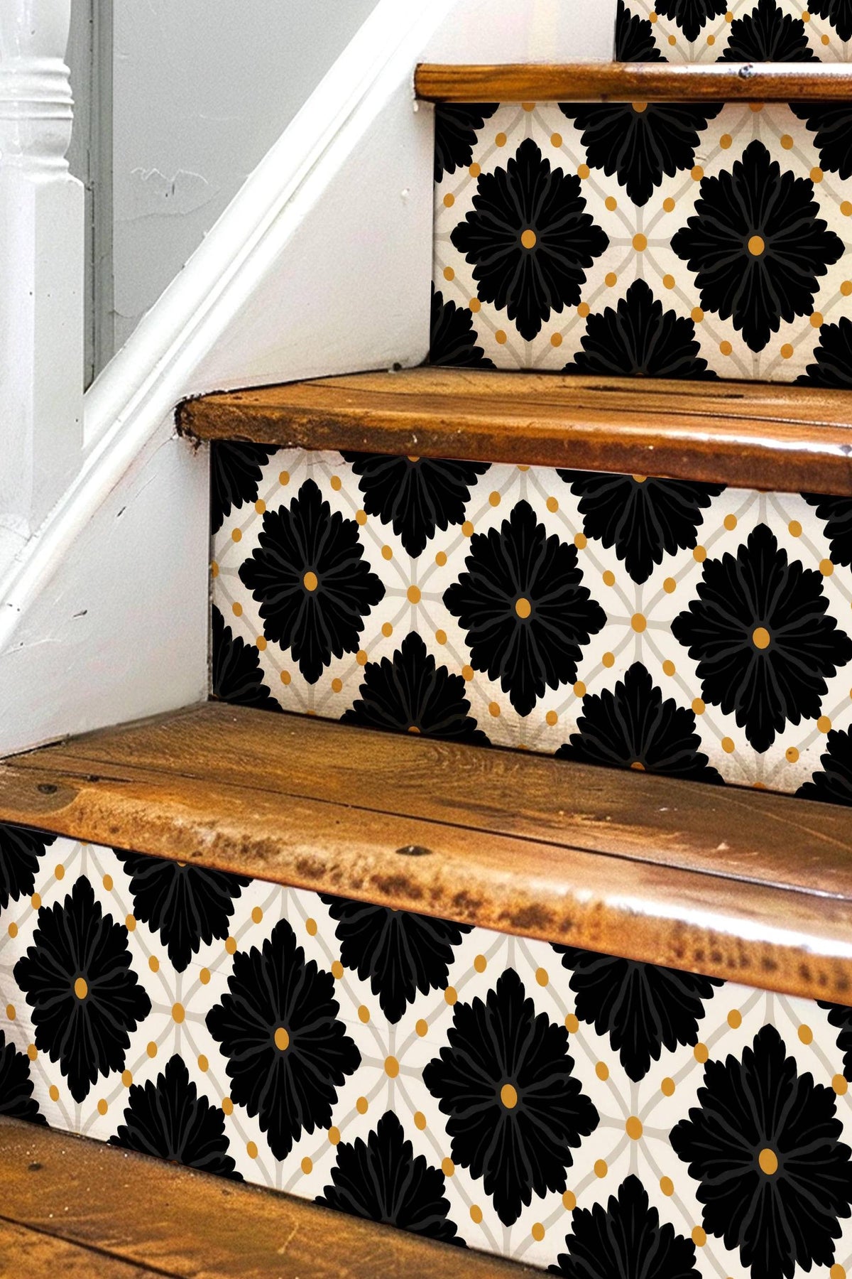 Black Oversized Damask Lattice peel and stick stair riser decals