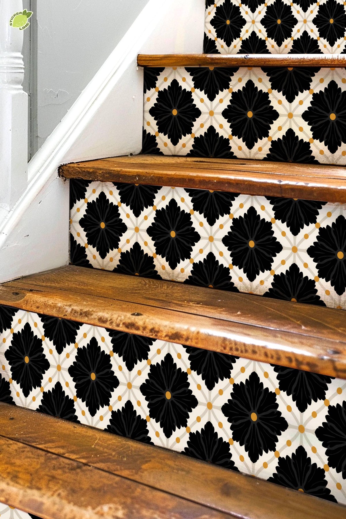 Black Oversized Damask Lattice peel and stick stair riser decals, photo 3 of 8