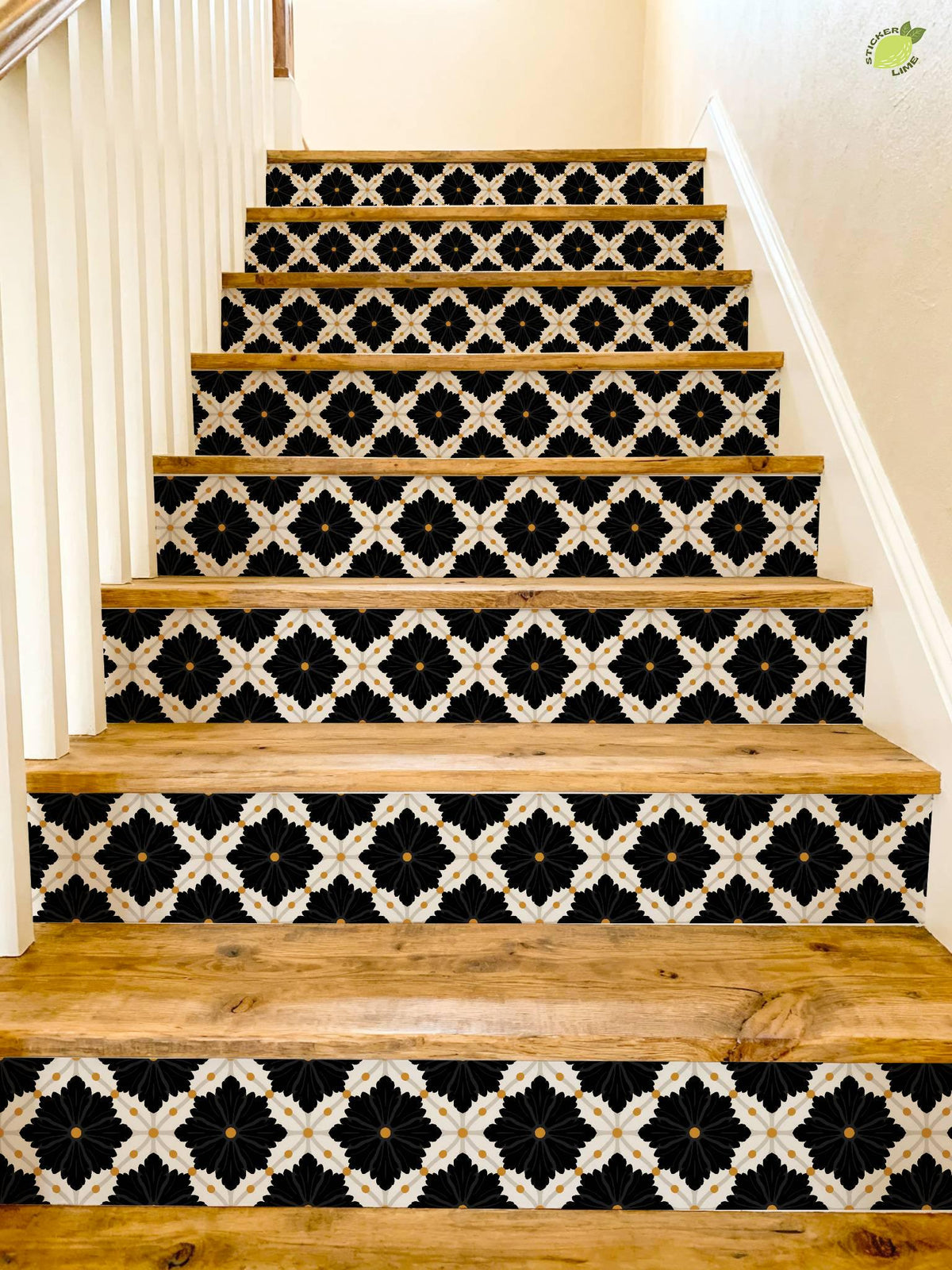 Black Oversized Damask Lattice peel and stick stair riser decals, photo 4 of 8