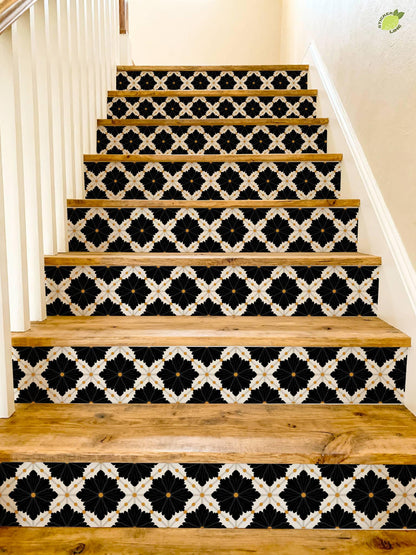 Black Oversized Damask Lattice peel and stick stair riser decals, photo 4 of 8