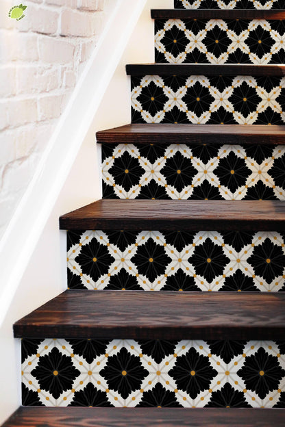 Black Oversized Damask Lattice peel and stick stair riser decals, photo 5 of 8