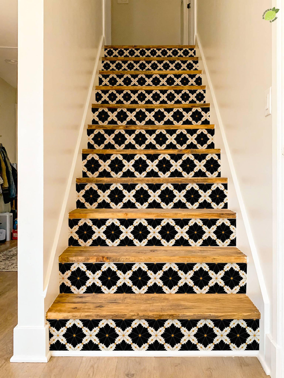Black Oversized Damask Lattice peel and stick stair riser decals, photo 6 of 8