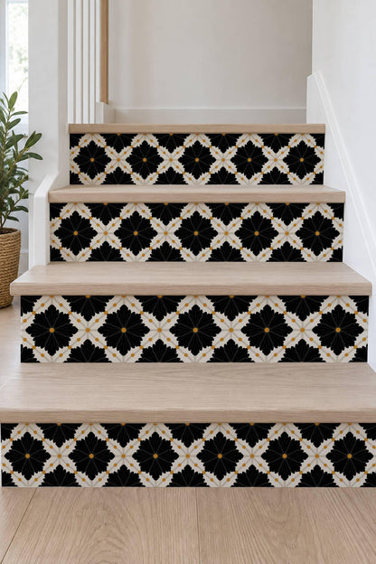Black Oversized Damask Lattice peel and stick stair riser decals, photo 7 of 8
