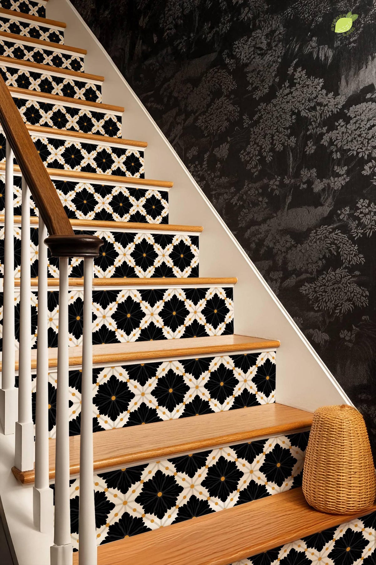 Black Oversized Damask Lattice peel and stick stair riser decals, photo 8 of 8