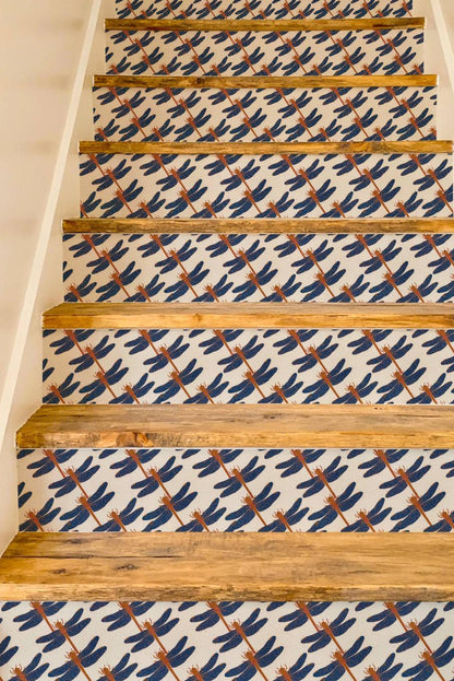 blue and coral dragonfly batik peel and stick stair riser decals