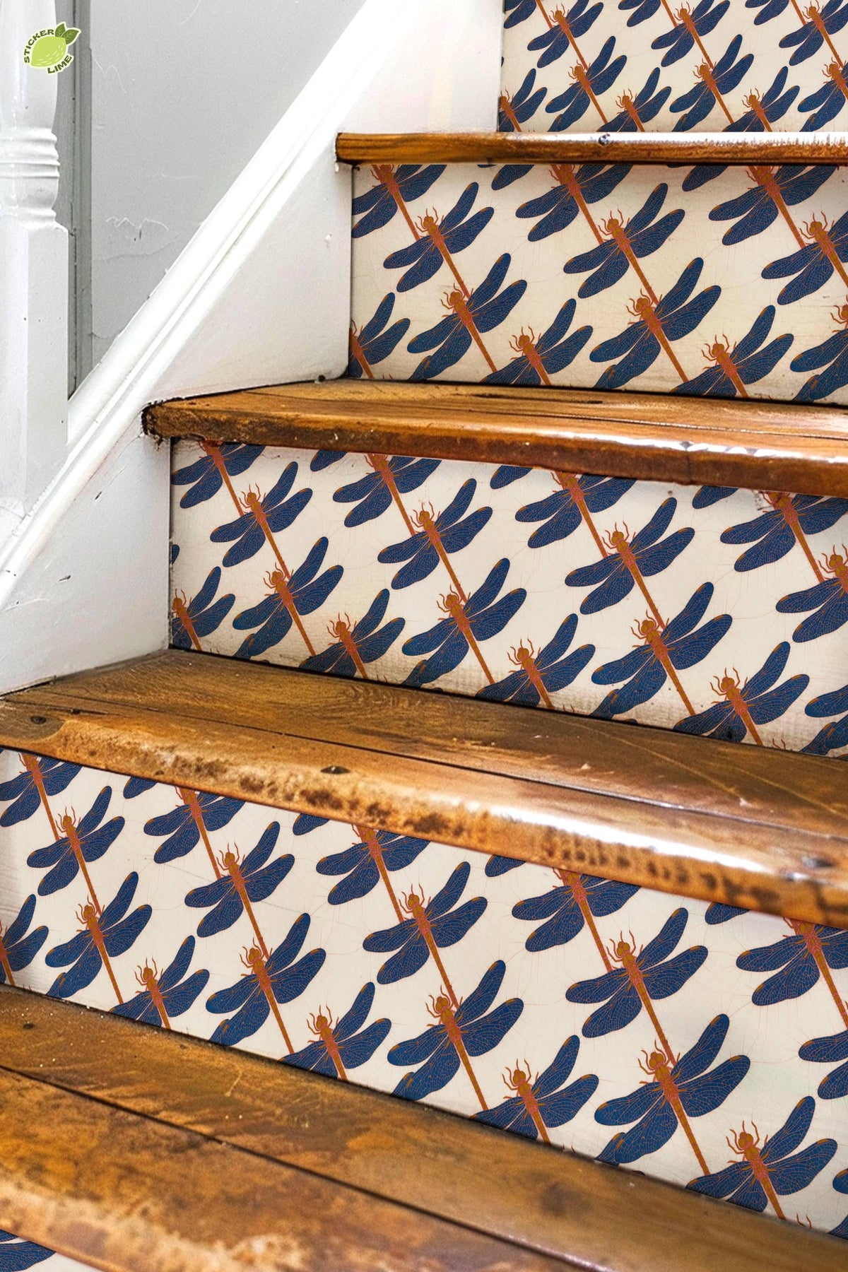 blue and coral dragonfly batik peel and stick stair riser decals, photo 3 of 8