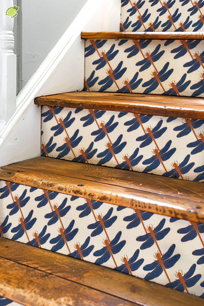 blue and coral dragonfly batik peel and stick stair riser decals, photo 3 of 8