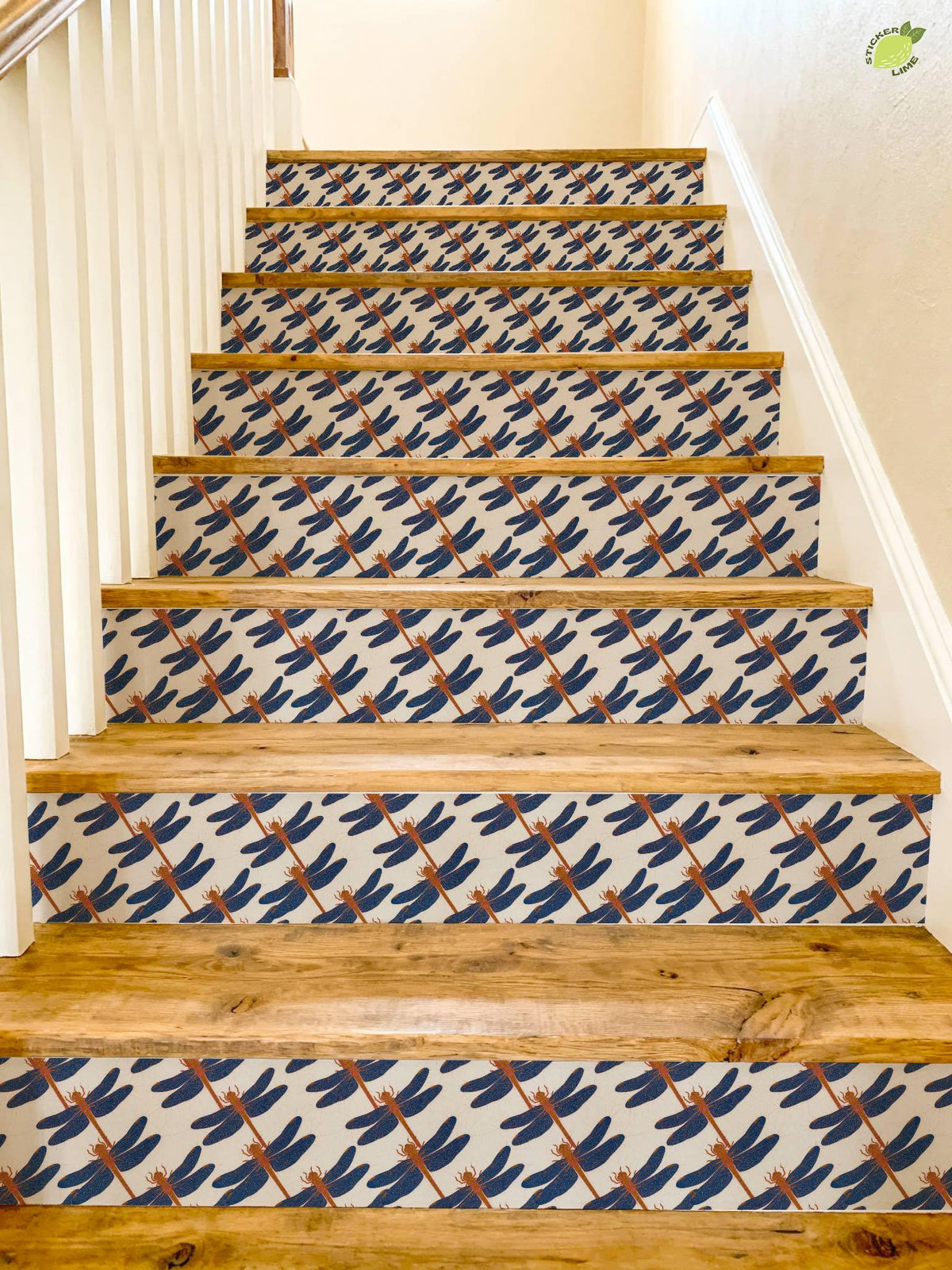 blue and coral dragonfly batik peel and stick stair riser decals, photo 4 of 8