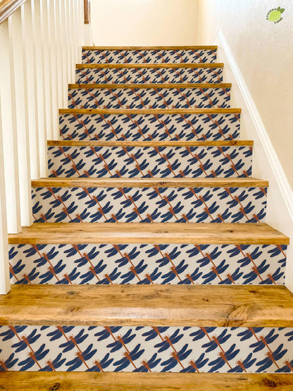 blue and coral dragonfly batik peel and stick stair riser decals, photo 4 of 8