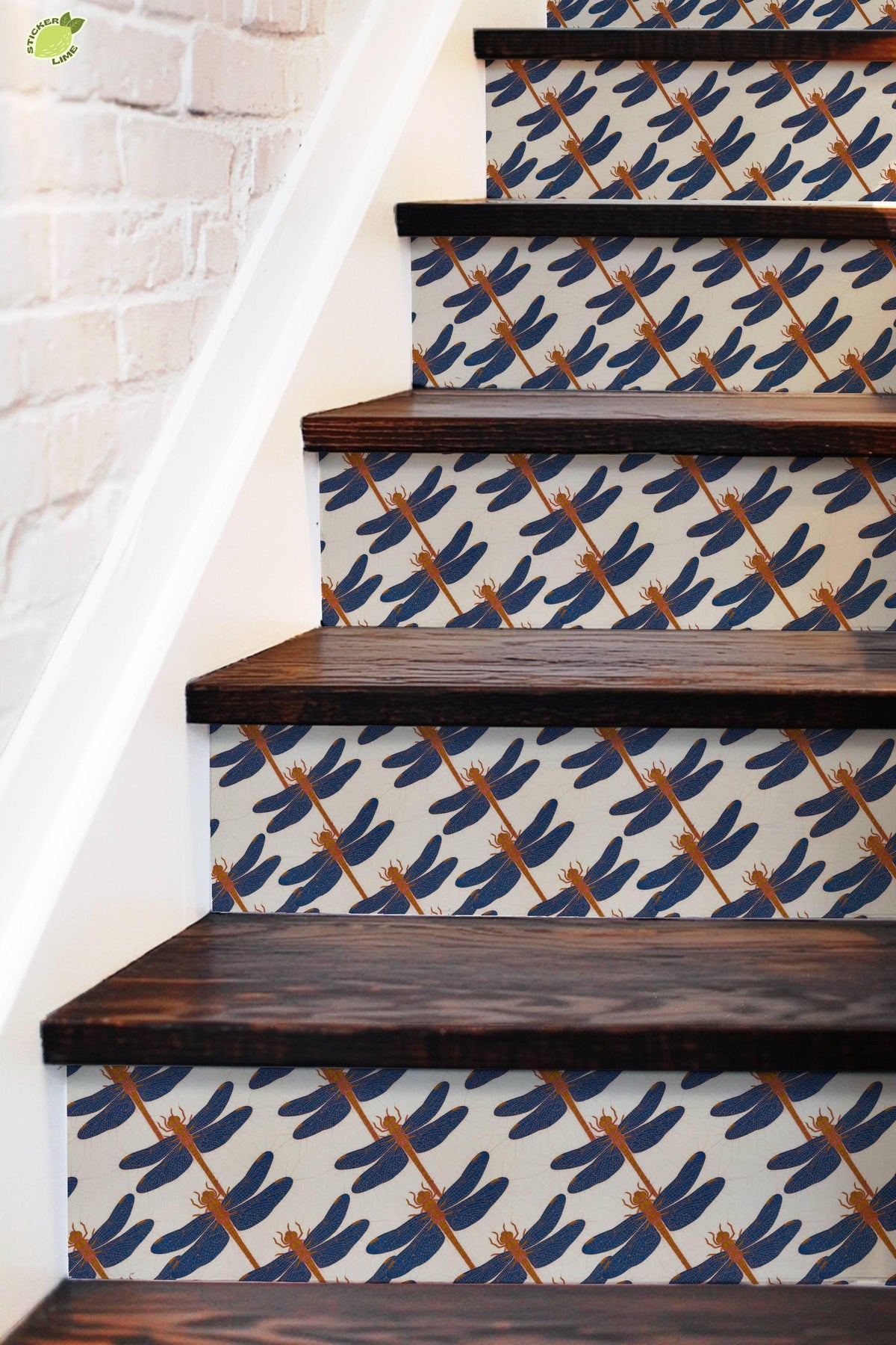 blue and coral dragonfly batik peel and stick stair riser decals, photo 5 of 8