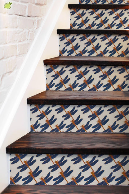 blue and coral dragonfly batik peel and stick stair riser decals, photo 5 of 8