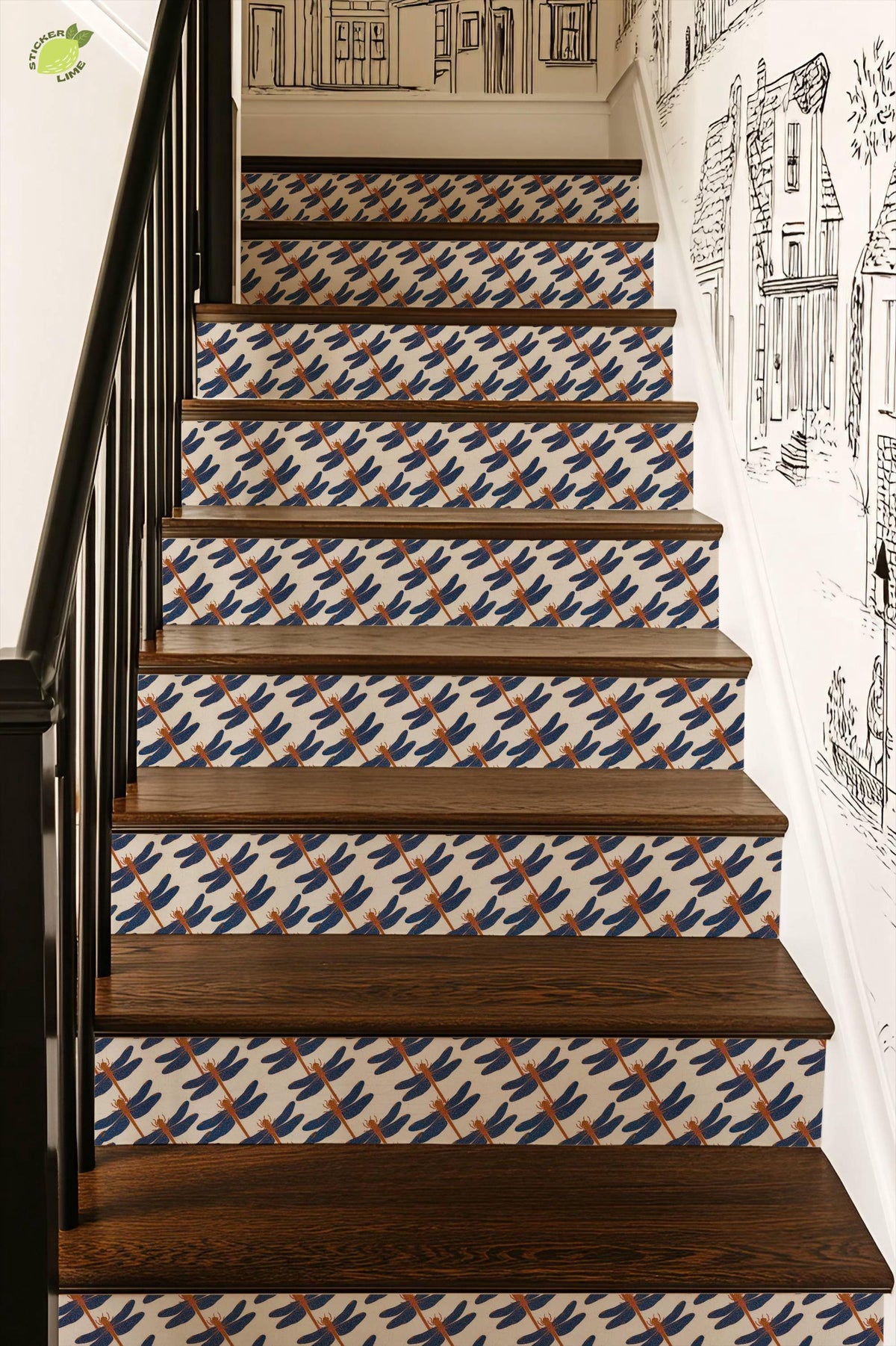 blue and coral dragonfly batik peel and stick stair riser decals, photo 7 of 8