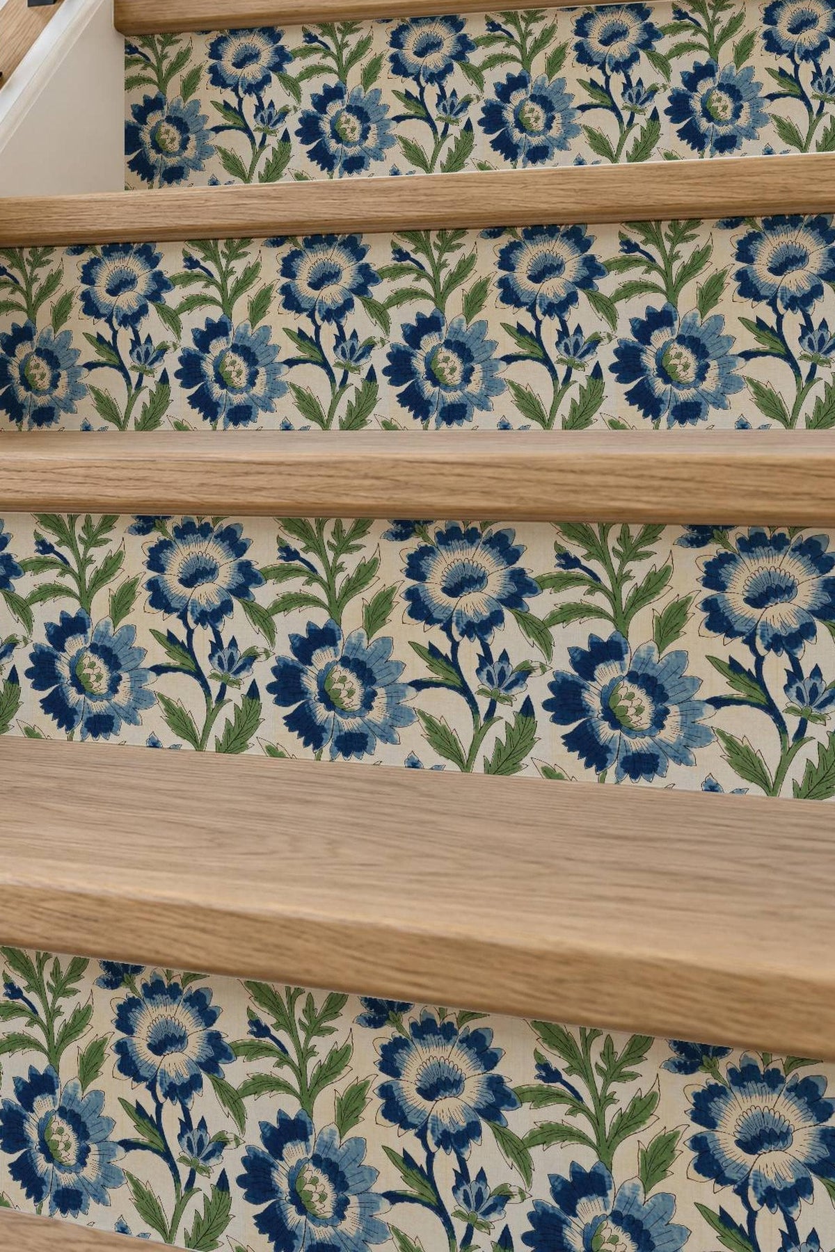 blue and green floral block print peel and stick stair riser decals
