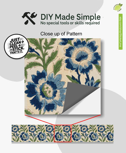 blue and green floral block print peel and stick stair riser decals, photo 2 of 8