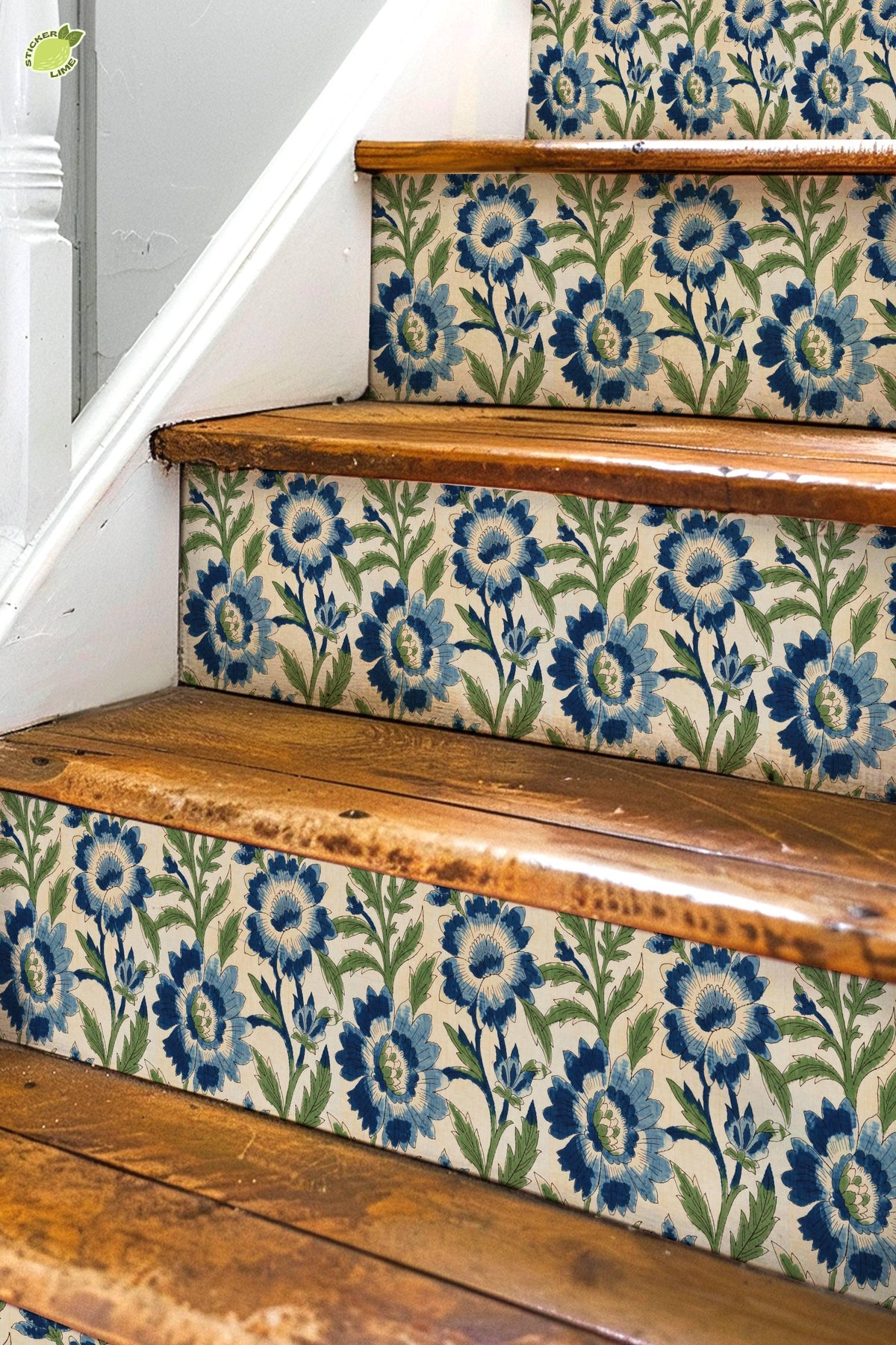 blue and green floral block print peel and stick stair riser decals, photo 3 of 8