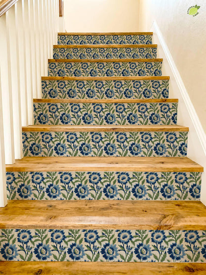 blue and green floral block print peel and stick stair riser decals, photo 4 of 8